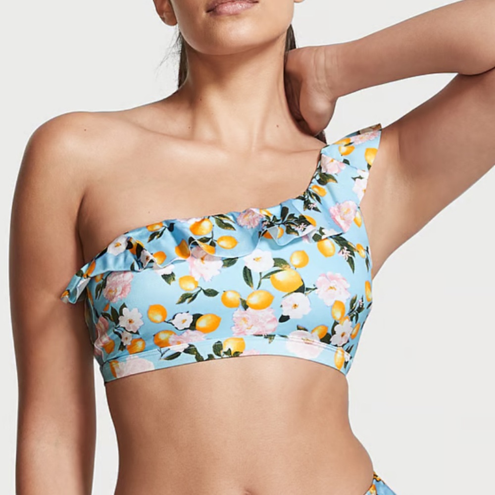 NWT Victoria's Tropical Ruffle One-Shoulder Bikini Top - Blue Lemon Floral